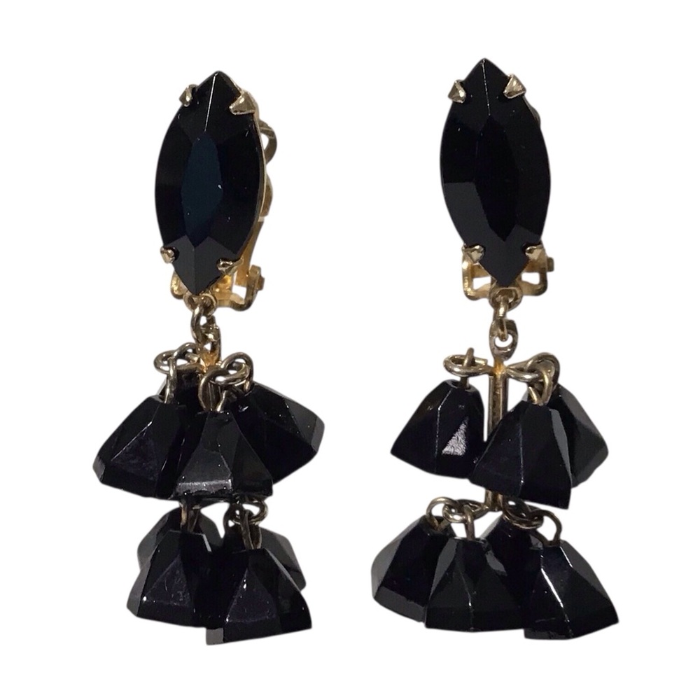 Lewis Segal Clip On Earrings Dangling Beaded Black Gold California Vtg Signed
